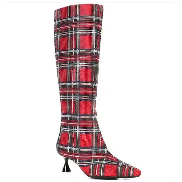 ALEX MARIE OZARA RED RHINESTONE CRYSTAL PLAID KNEE HIGH BOOTS HOLIDAY 6 NEW - Picture 1 of 6